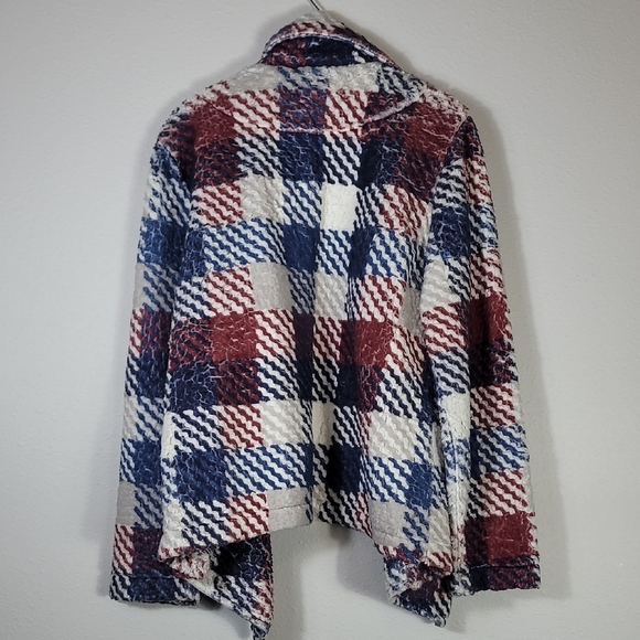 Vince Camuto Plaid Fleece Jacket Size L Shacket Open Front Cozy Red Blue Pockets - Picture 10 of 14